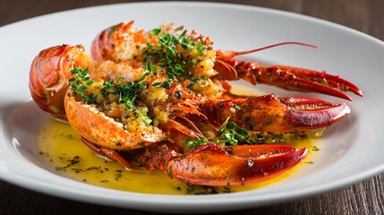 Crayfish served with butter sauce in small dish, refined plating