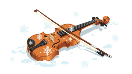 Fototapeta premium Beautiful brown violin with its bow, adorned with delicate snowflakes, lying gently on a pristine white snowy surface, evoking winter melodies.