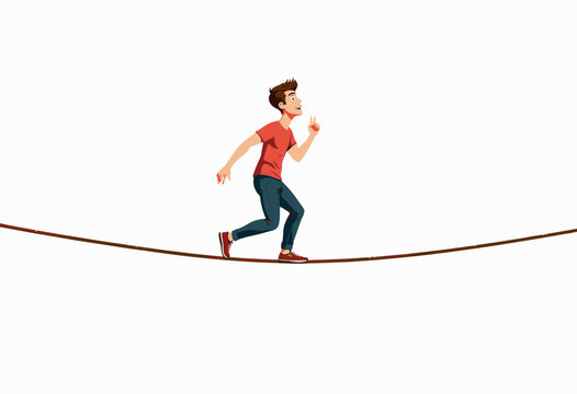 Young man confidently balances and walks on a tightrope exhibiting agility, focus, and precision in an outdoor adventure or circus training setting.