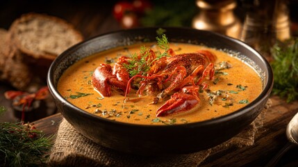 Crayfish soup in shallow bowl, top-down angle, muted earthy tones