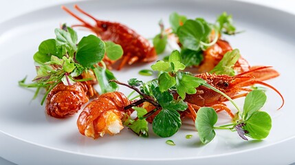 Crayfish tails plated with microgreens, minimalist fine-dining style, white background