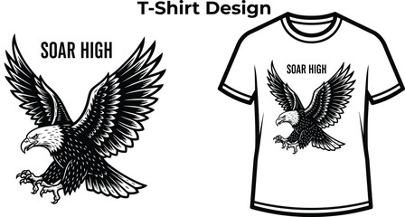 T-shirt design of Soar high typography with flying eagle for freedom logo design, wild bird animal badge, patriotic american emblem and isolated on transparent nature graphic illustration © MdMatiur