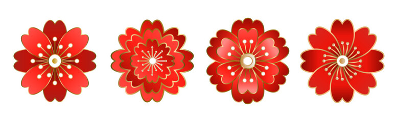 Chinese style red colored stylized sakura flowers with stamens, gold outline. Floral set of beautiful east asian traditional cherry blossoms. EPS 10 vector illustration. © shevalierart