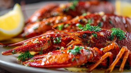 Crayfish with garlic butter drizzle, close-up macro style, warm lighting