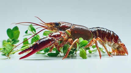 Crayfish with green herbs, high-key lighting, minimal background