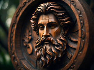 Intricate wooden bearded face carving