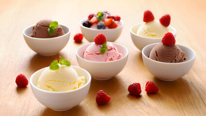Assorted ice cream bowls on wooden table