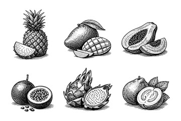 Exotic tropical fruits in vintage style: pineapple, mango, papaya, passion fruit, dragon fruit, guava