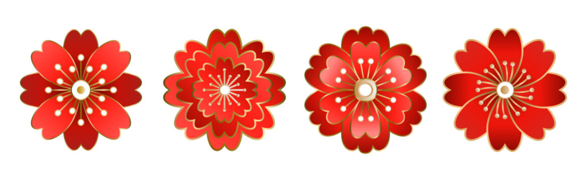 Chinese style red colored stylized sakura flowers with stamens, gold outline. Floral set of beautiful east asian traditional cherry blossoms. EPS 10 vector illustration.