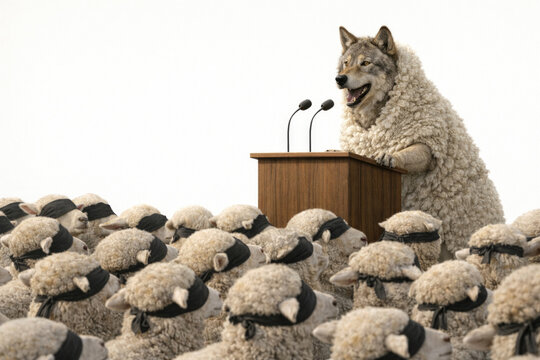 A wolf in sheep's clothing controls a blind crowd. Space for text.