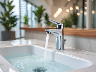 Modern bathroom faucet with water flow