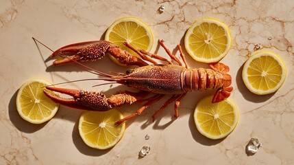 Flat lay of crayfish with lemon slices only, pale stone surface, strong negative space