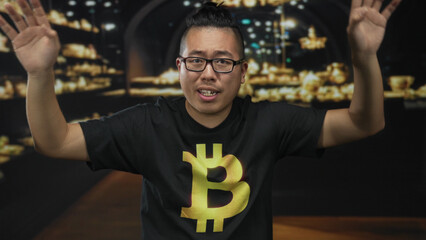 Man wearing black bitcoin t shirt and glasses waves hand in museum building gallery while smiling and lifting arm toward camera; crypto enthusiasm.
