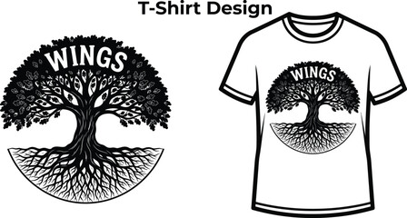 T-shirt design of Tree of life typography with deep roots for nature logo, strong organic plant badge, ecology environment emblem and isolated on transparent botanical graphic illustration © MdMatiur