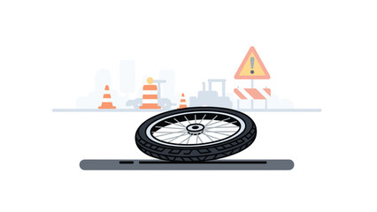 Bicycle wheel resting flat on a smartphone screen, with a blurred backdrop of construction cones and warning signs, suggesting road hazards.