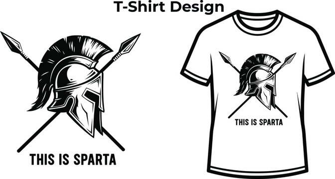 T-shirt design of This is sparta typography with helmet and spears for warrior logo, ancient greek fighter badge, history battle emblem and isolated on transparent gladiator graphic illustration