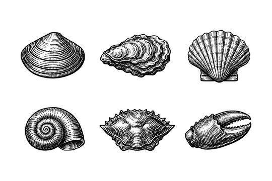 Set of vintage engraved seashell and marine creature designs on white background