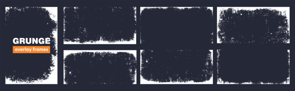 Set of grunge overlay frame and background with grime and rugged effect. Border collection with vintage texture.