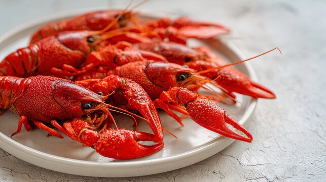 Whole boiled crayfish arranged in circular pattern on matte white plate, pale stone background, soft natural light, copy space