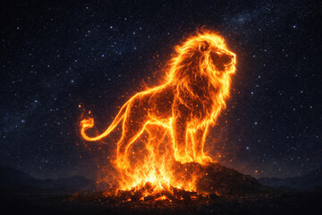 Naklejka premium A fiery lion against the background of space.