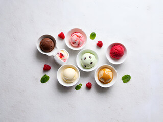 Assorted ice cream scoops on white background