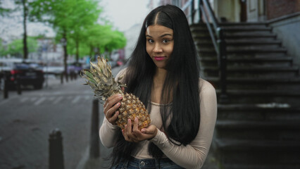 Woman inspecting ripe pineapple by urban sidewalk bollards near building stairs on city street; curiosity.