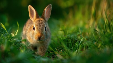 Fototapeta premium A small rabbit moves through the grass in an open field. The sunlight highlights its fur. The scene captures the natural behavior of this animal in its habitat.