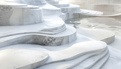 Abstract White Sculptural Landscape with Water Features and Organic Shapes sculpture architecture