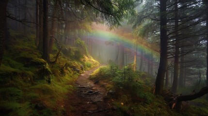 Obraz premium A rainbow stretches across a forest path surrounded by tall trees and dense greenery. Fog blankets the area and sunlight filters through. Morning light creates a beautiful scene.