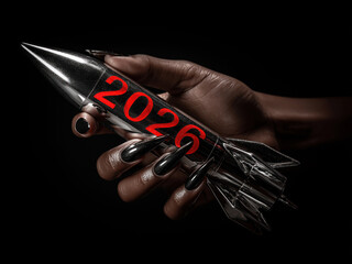 Black woman's hand holding a silver rocket of new year 2026