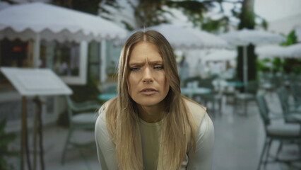 Fototapeta premium Woman sitting on outdoor terrace in city cafe with a thoughtful expression amid elegant restaurant setting.