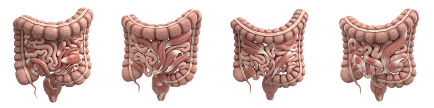 Set of Detailed Extensor Tendons of the Muscles of the Human Digestive System Illustrating Intestinal Muscle Fibers and Anatomical Structure for Medical, Educational and Scientific Use, isolated on tr
