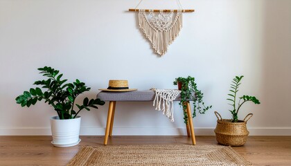Boho Chic Hallway with Gray Bench, Straw Hat, Macrame Wall Hanging, and Plants wooden legs