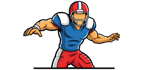 Vibrant cartoon American football player illustration dynamic pose ready for game day action wearing helmet blue jersey © Laptop