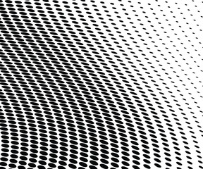 Optical pop art halftone wave background with dotted futuristic vector design elements.