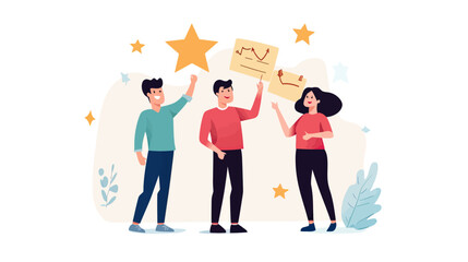Naklejka premium Group of people celebrating positive feedback with star ratings and charts in flat minimalist style customer satisfaction concept illustration