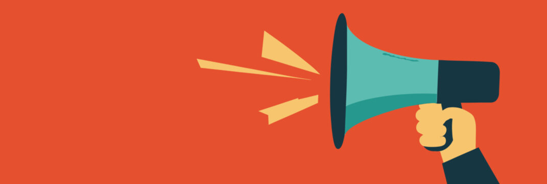 Hand holding megaphone with sound waves on red background business announcement marketing promotion concept flat vector illustration