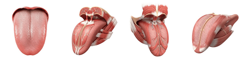 Collection of Highly Detailed Intrinsic and Extrinsic Muscles of the Human Tongue, Medical Anatomy Illustration for Education and Speech Science, Isolated on Transparent PNG Background, Oil Paint © Zohan