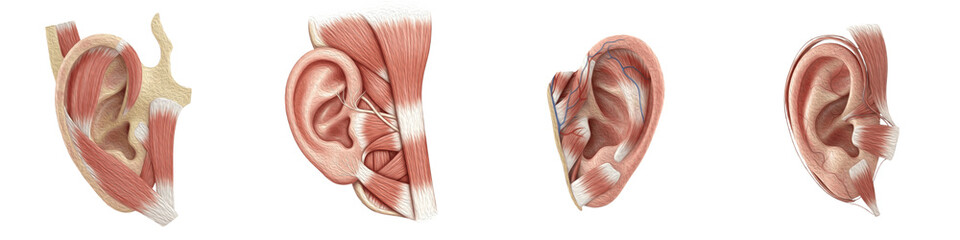Collection of Highly Detailed Extrinsic and Intrinsic Muscles of the Human Ear (Auricle), Medical Anatomy Illustration for Education and Research, Isolated on Transparent PNG Background, Oil Paint