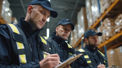 Three security personnel in uniforms are inside a warehouse. They are reviewing items and taking notes on a clipboard. The space is filled with shelves and boxes.