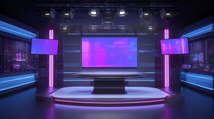 Fototapeta premium The scene shows a modern studio with a large central table and bright lighting. Digital screens are set up on the walls. City lights are visible through the windows at night.