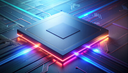 Futuristic microchip glowing core central processor neon circuit digital chip modern technology cyber surface high tech data flow abstract hardware illustration