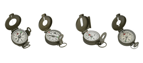 Set of Vintage Military Lensatic Compasses on White Background © Druvh