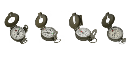 Set of Vintage Military Lensatic Compasses on White Background