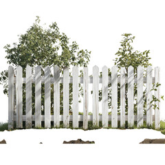 Obraz premium White picket fence with trees isolated on transparent background