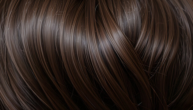 Closeup of dark brown hair with shiny strands on white background