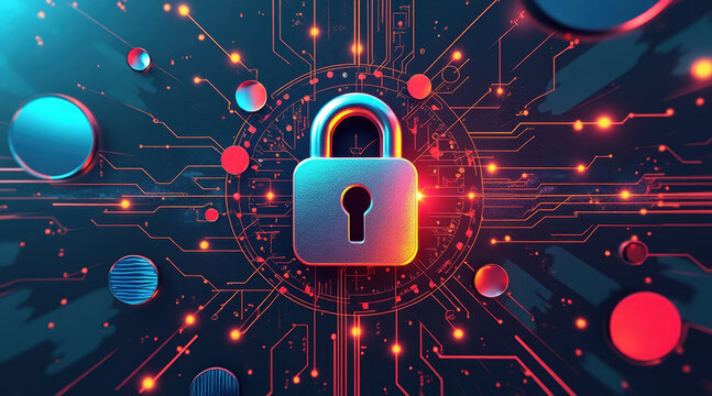 Futuristic cyber security encryption data network technology digital lock protection Vibrant abstract cyber security background with glowing digital lock symbol, bright circuit line pattern - Powered by Adobe