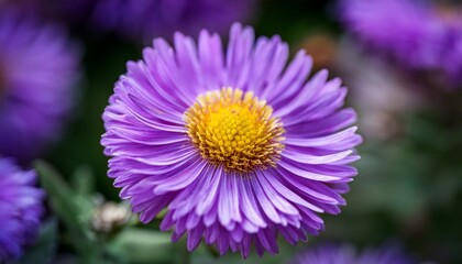 Obraz premium close up of purple aster flower with yellow center in garden