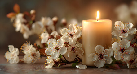 Funeral card template with burning candle and white flowers, condolence background with copy space for obituary text, memorial service announcement with floral arrangement.