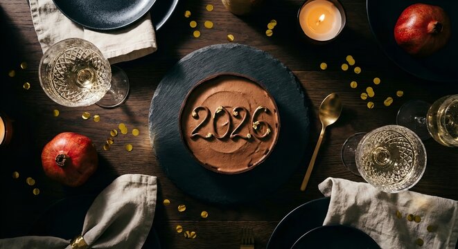 A top-down "flat lay" of a luxury New Year's Eve dinner table. A dark slate plate features a desert with "2026" written in gold leaf chocolate. Moody, high-contrast food photography.
